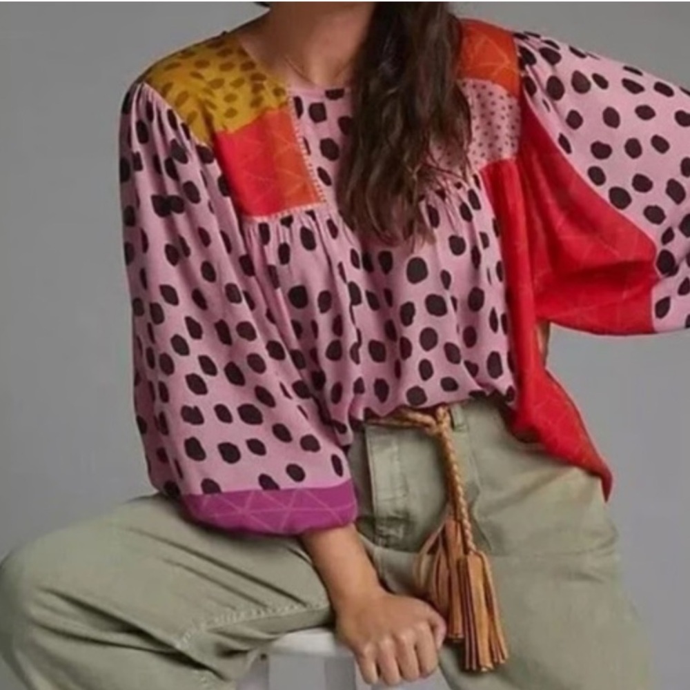 BOGO Anthropologie Pink Patchwork Polka Dot Peasant Blouse - Picture 2 of 12